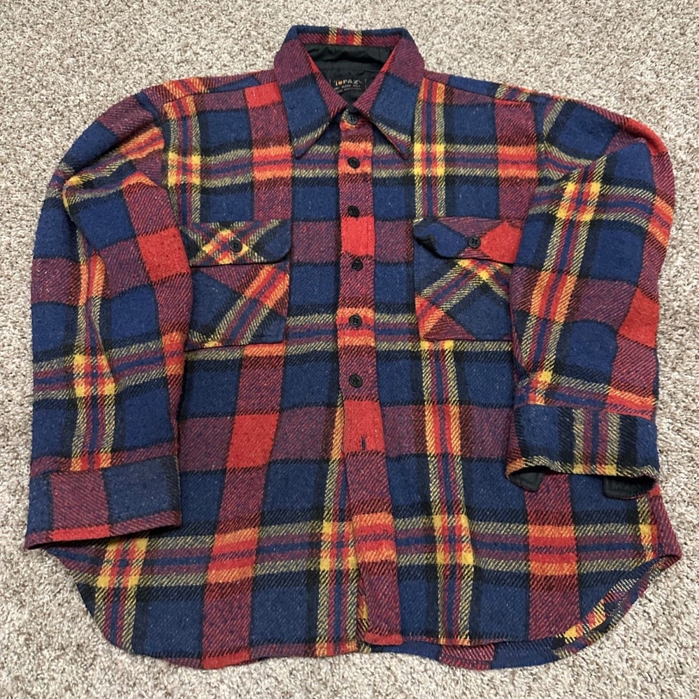 Vintage Topaz Mens Flannel Shirt L Blue Red Plaid Preowned Hole Flaw